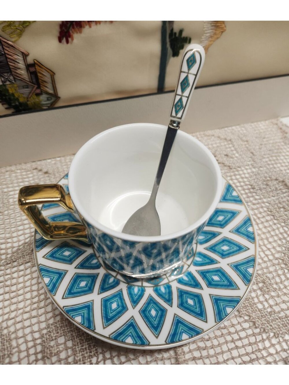 Porcelain Tea Cup Saucer & Spoon Set Teal Blue Geometric Pattern Gold Handle 3 p - Picture 5 of 7